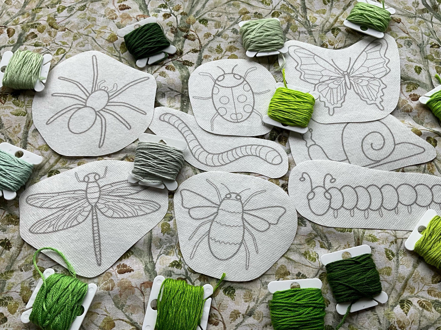 Garden Bugs STICK & STITCH Embroidery Patches - 8 water soluble stickers - dissolvable washaway stabiliser
