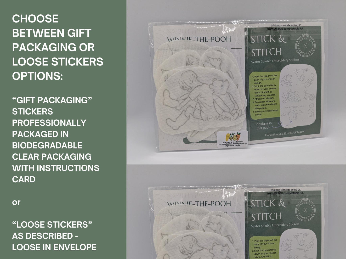 Winnie the Pooh + Friends STICK & STITCH Embroidery Patches - 7 water soluble stickers - washaway stabiliser, gift packaging