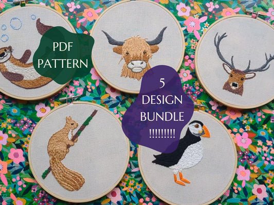 Scottish Creatures 5 pattern discount - HAND EMBROIDERY PATTERN digital pdf bundle