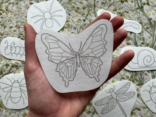Garden Bugs STICK & STITCH Embroidery Patches - 8 water soluble stickers - dissolvable washaway stabiliser